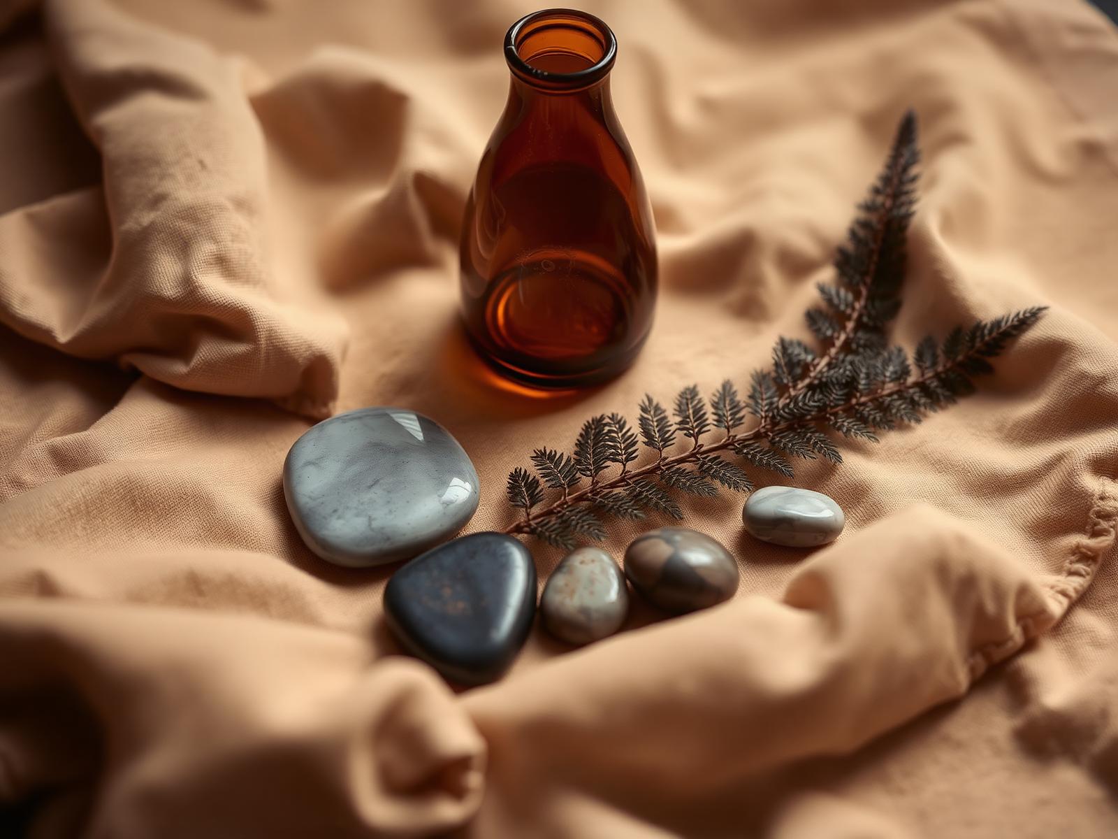 Natural healing objects on warm linen — stones, fern and amber glass